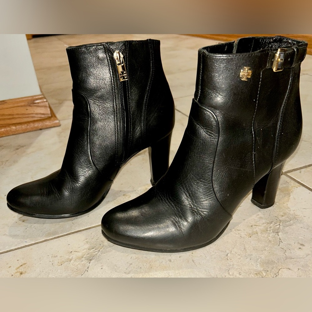 Authentic Tory Burch Black Heeled Boots with Gold Accents.